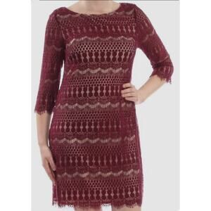 Jessica Howard Burgundy Red Stretch Lace Overlay Nude Cocktail Party Dress Sz 14